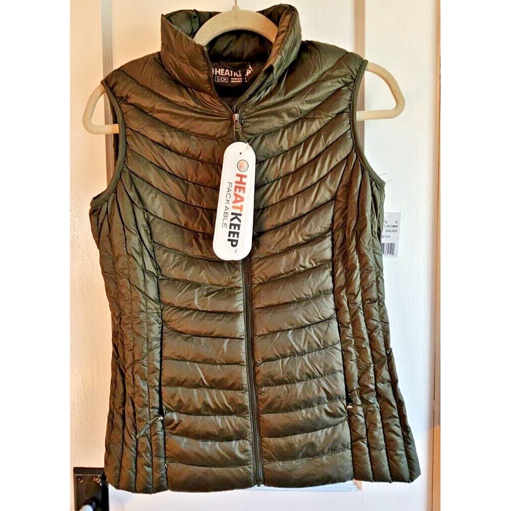 HEAT‎ KEEP green silky Nano packable puffer down vest woman Sz Small full zip